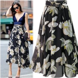 2019 summer and autumn large size floral black blue chiffon skirt in the long paragraph large swing skirt