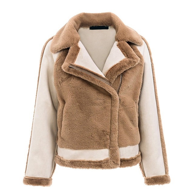 Warm khaki fur winter woman coat 2018 Zipper pocket faux fur jacket coat women casual patchwork suede outerwear autumn - Image 4