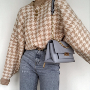 women geometric khaki knitted sweater women casual Houndstooth lady pullover sweater female Autumn winter retro jumper