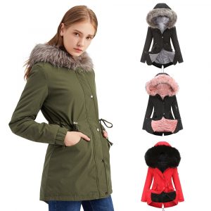 Winter Parker coat mid-length with hooded warm plus fleece fur jacekt women cotton padded coat Parkas solid outerwear adjustable