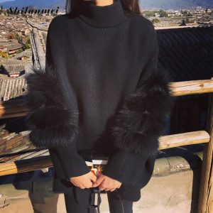 Women Oversized Fur Sweater Winter Truien Dames Fluffy Sweater Tunic Turtleneck Pull Femme Manche Longue