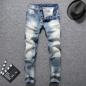 Slim Fit Men Jeans Light Blue Color Button Jeans Elastic Long Pants Balplein Brand Classical Jeans Men