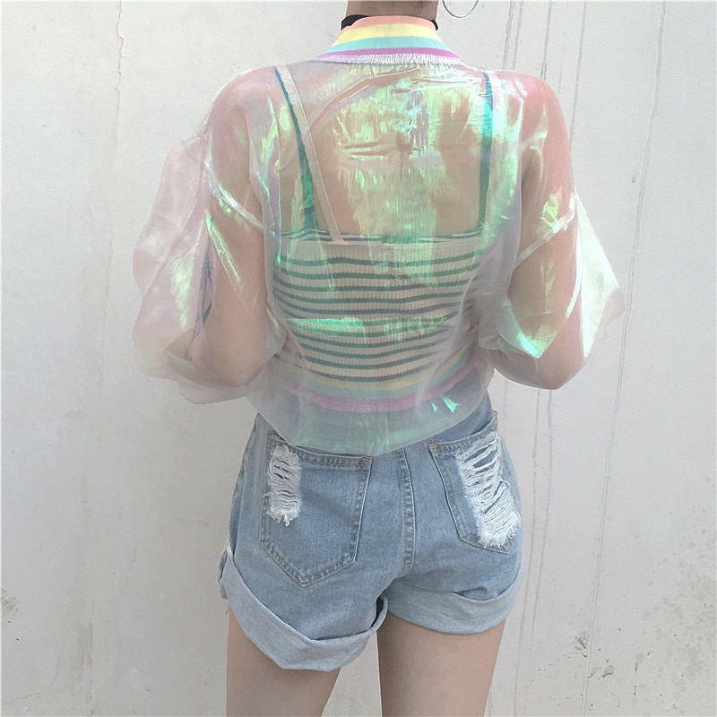 Harajuku bomber color Women Jacket Coats Laser Rainbow Symphony Hologram Coat Clear Iridescent Transparent Jersey Jacket - Image 3