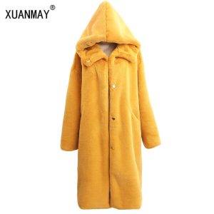 Supernatural Faux Fur Coat Women Winter imitation rabbit fur Coat long Hooded Loose Thick Warm Plush fake Fur Hooded Jacket