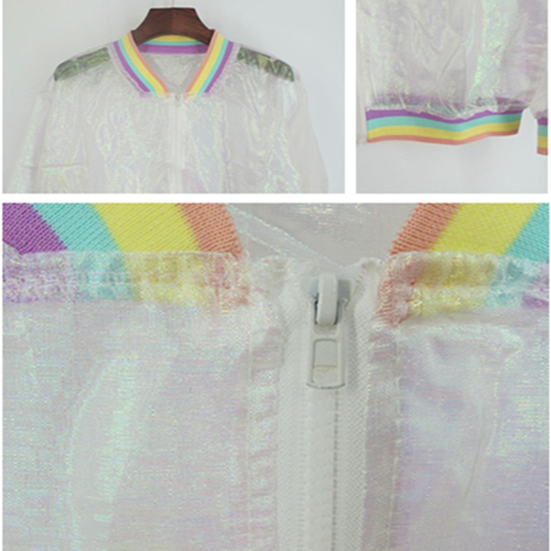 Harajuku bomber color Women Jacket Coats Laser Rainbow Symphony Hologram Coat Clear Iridescent Transparent Jersey Jacket - Image 4