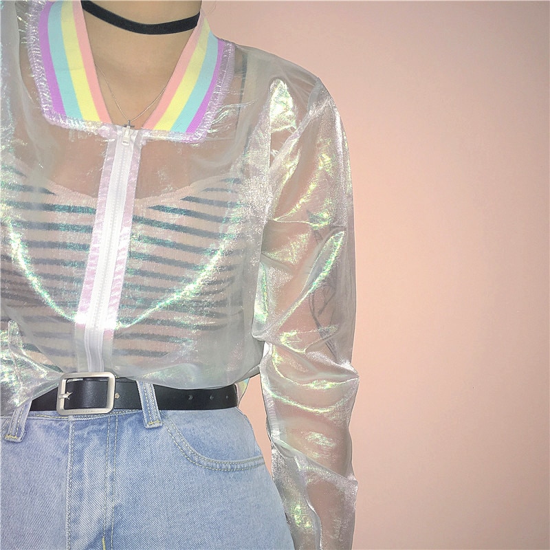 Harajuku bomber color Women Jacket Coats Laser Rainbow Symphony Hologram Coat Clear Iridescent Transparent Jersey Jacket - Image 2