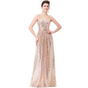 Cheap Rose Gold Sequin Bridesmaid Dresses Long  Deep V-Neck Sparkly Gala Dress V Back Wedding Guest Gowns In Stock