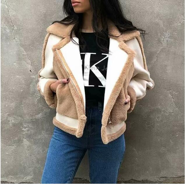 Warm khaki fur winter woman coat 2018 Zipper pocket faux fur jacket coat women casual patchwork suede outerwear autumn - Image 2