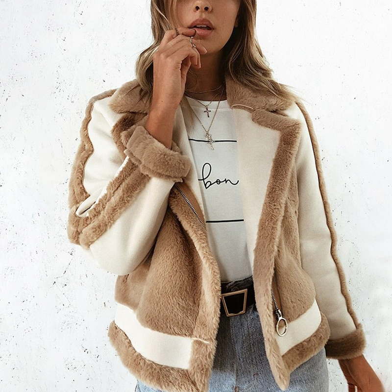 Warm khaki fur winter woman coat 2018 Zipper pocket faux fur jacket coat women casual patchwork suede outerwear autumn