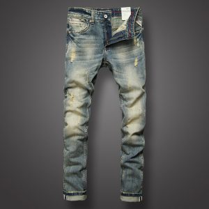 Italian Style Fashion Mens Jeans Retro Design Slim Fit Denim Ripped Jeans Mens Pants Brand Clothing Nostalgia Color Biker Jeans
