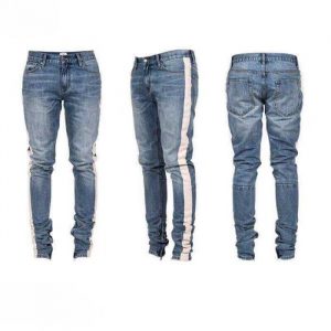 Hip Hop Ripped Destroyed men Hole jeans Biker White stripe stitching Bottom Side zipper Jeans