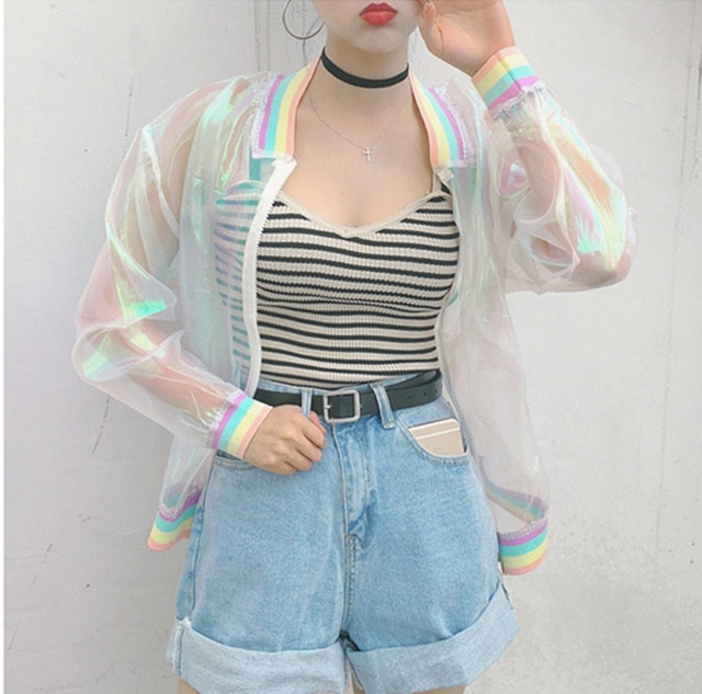 Harajuku bomber color Women Jacket Coats Laser Rainbow Symphony Hologram Coat Clear Iridescent Transparent Jersey Jacket - Image 10