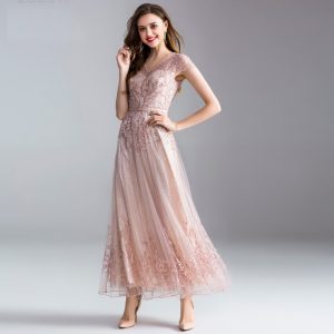 Luxury Women Party Wedding 2018 Ladies Sexy V-Neck Beading Lace Embroidery Red Light Pink Lace Maxi Dress