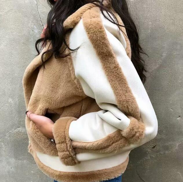 Warm khaki fur winter woman coat 2018 Zipper pocket faux fur jacket coat women casual patchwork suede outerwear autumn - Image 3