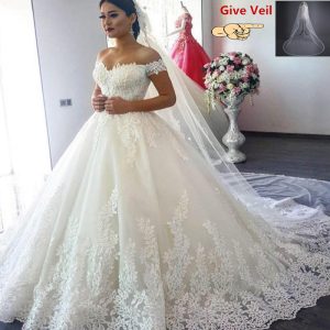 Princess Wedding Dresses Off Shoulder Applique Lace Sweetheart Ball Gown Bridal Robe