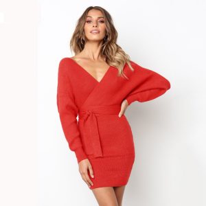 Autumn Knitted Cotton Deep V-neck Sweater Dresses Casual Women Slim Hip Packaged Soft Dress