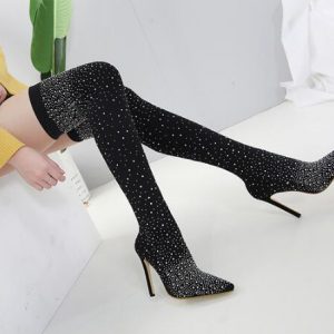 Runway Crystal Stretch Fabric Sock Boots Pointy Toe Over-the-Knee Heel Thigh High Pointed Toe Woman Boot