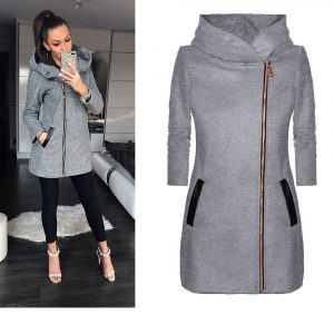 Winter women's high collar hooded color block zipper long sleeve coat jacket