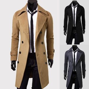 Winter Wool Jacket Men's Coat Warm Solid Jacket Double Breasted Business Casual Overcoat long cotton collar trench coat