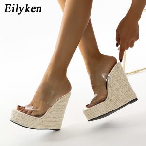 Summer PVC Transparent Peep Toe Cane Straw Weave Platform Wedges Slippers Sandals Women Fashion High Heels Female Shoes + FREE E-BOOK