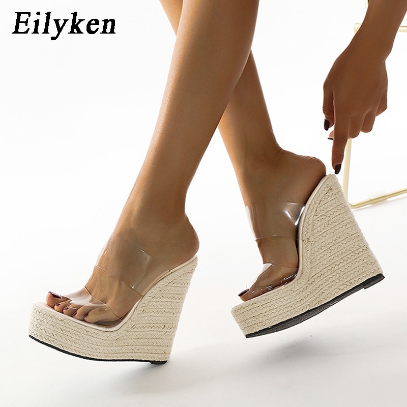 Summer PVC Transparent Peep Toe Cane Straw Weave Platform Wedges Slippers Sandals Women Fashion High Heels Female Shoes + FREE E-BOOK