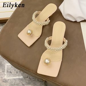 Fashion String Bead Womens Slippers Summer Outdoor Square Toe Flip Flops Pearl Decoration Sandals Femme Low Heel Shoes