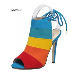 Koovan Women's Shoes Pumps Heeled Shoes High-heeled Rainbow Color Mixed with Fish Mouth Sandals Colors Pumps Size 40