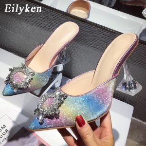 Rainbow Color Glitter Bling Sequins Sun Crystal Perspex Cup Heel Pumps Mules Pointed Toe High Heels Elegant Shoes