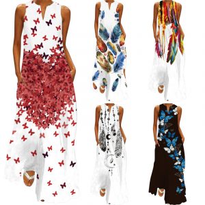 Sexy Printed V-Neck Sleeveless Maxi Dress with Pocket Dress