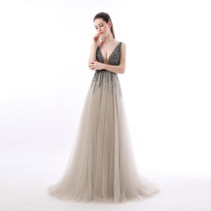 Sexy Side Split Prom Dresses  Deep V-Neck Backless Beads Crystal Party Gowns Sleeveless Sweep Train Cheap Tulle Party Dress