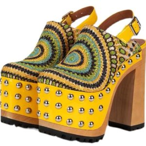 Peacock Cloth Rivet Thick Sole Platform Summer Sandals Woman Fashion Round Toe Block Chunky Wood Heels Slingback Yellow Shoes
