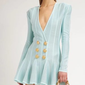 Short Tweed Dress With Gold-Tone Buttons Sexy Green Striped V-Neck Zip Mini Dresses Fall Women's Clothing Streetwear