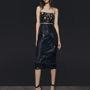 Black Evening Dinner Dress Women Elegant Square Collar Crystal Sequins Spaghetti Strap Dresses