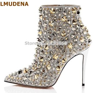 Glitter Gold Metallic Studs Ankle Boots Stiletto Heel Silver Shell Spikes Pointed Toe Booties Celebrity Dress Shoes
