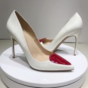 Red Love Heart Patchwork Women White Patent Pointy Stiletto High Heels Ladies Chic Slip on Pumps Fashion Dress Shoes