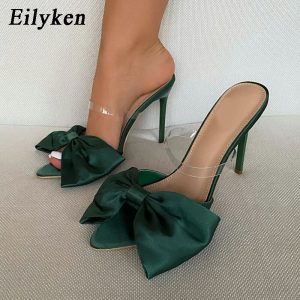 New Fashion Bowknot Women's Slippers Pointed Toe Thin High Heels Summer Elegant Dress Party Ladies Slides Pumps Shoes