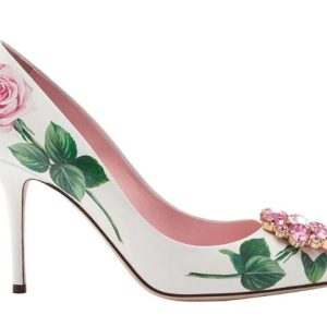 White Leather Flower Printed High Heel Shoes Sexy Pointed Toe Crystal Embellisehd Party Wedding Heels Pumps
