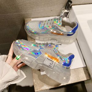 Crystal Sneakers Women Flats Shoes New Thick Bottom Heighten Walking Footwear Fashion Laser Dazzle Jelly Casual Shoes Women