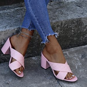 Summer New Large Size Women's Shoes Solid Color PU Cross Strap Fish Mouth High Heels Thick Heel
